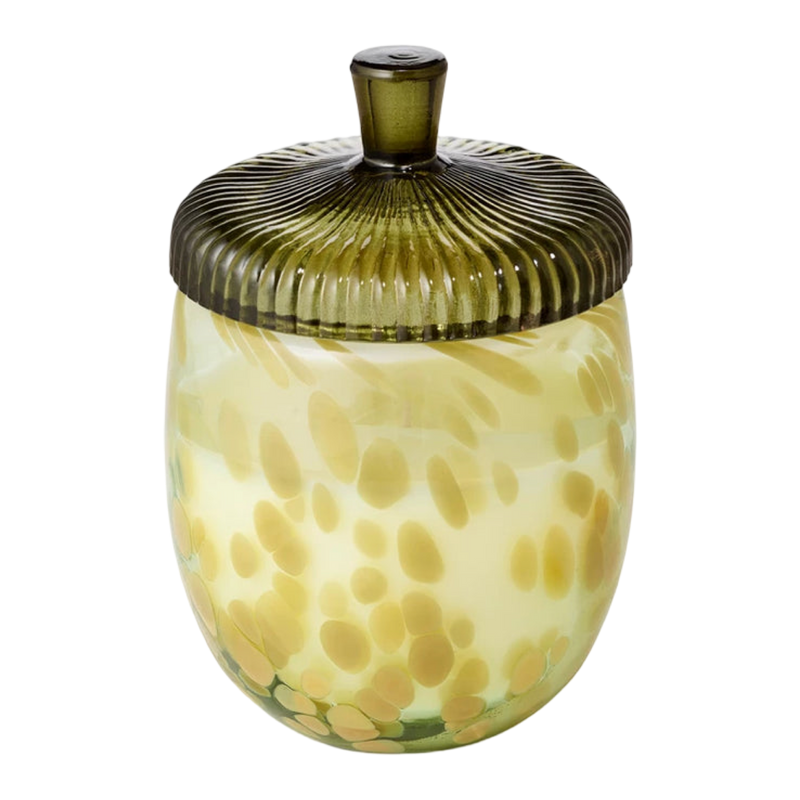 Decorative glass jar with a ribbed lid on a white background