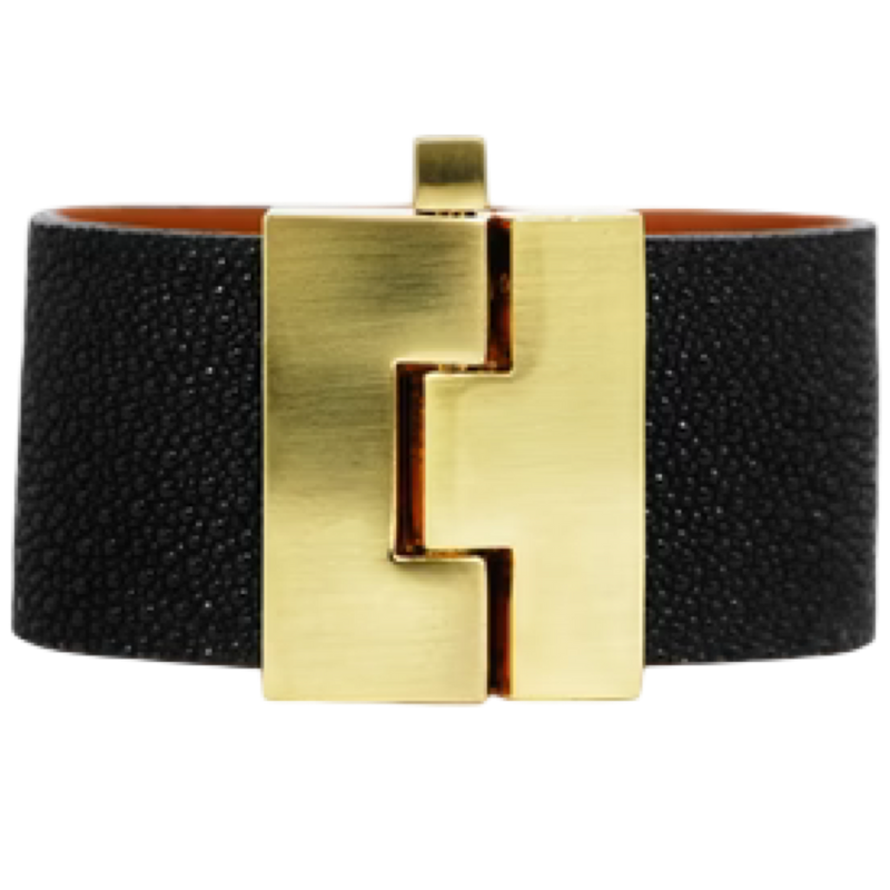 Black leather bracelet with a gold clasp on a white background