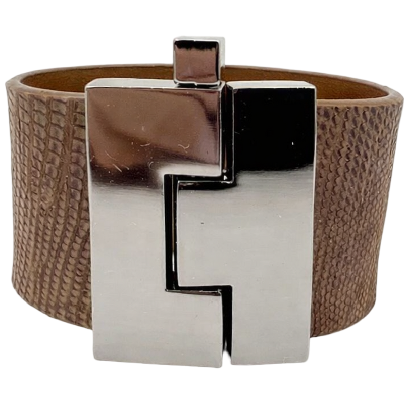 Brown leather bracelet with a silver clasp on a white background