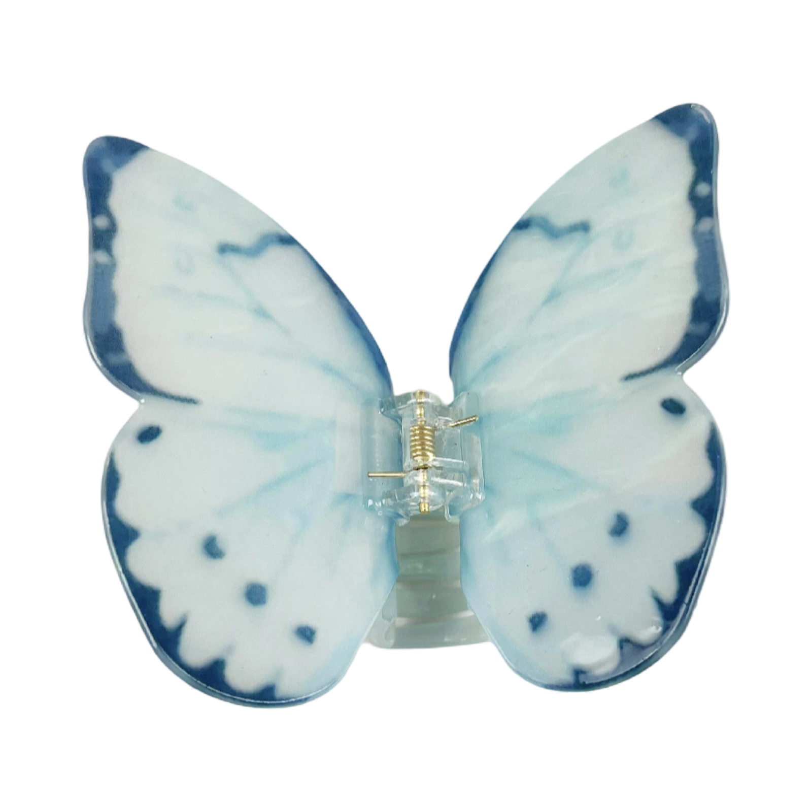 Light blue acetate large butterfly-shaped hair claw clip with sculptural wings and a secure claw closure.