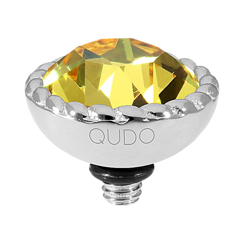 QUDO Bocconi Top Silver, QUDO Green and Golden Collection, interchangeable jewelry, silver crystal topper, green crystal jewelry, golden crystal jewelry, QUDO topper, interchangeable ring topper, stackable jewelry, Swarovski crystal jewelry, luxury fashion jewelry, collectible jewelry, boutique jewelry, interchangeable bracelet topper, colorful crystal jewelry, statement jewelry, QUDO jewelry collection