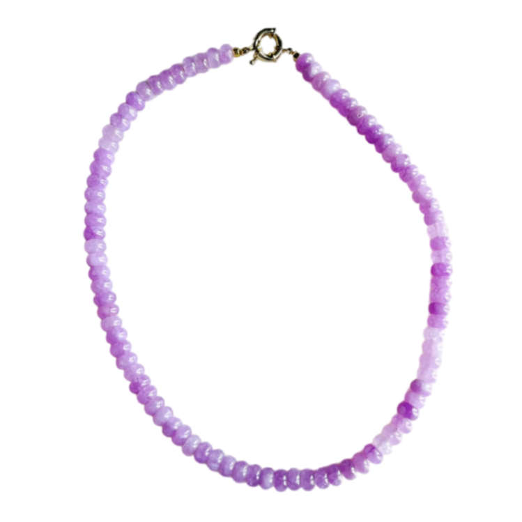 lilac jade beaded necklace, handmade gemstone necklace, charm-ready necklace, 17 inch gemstone necklace, Charleston artisan jewelry, gold clasp beaded necklace, pastel gemstone jewelry, lilac necklace for layering, 18kt gold plated clasp, gemstone beaded choker