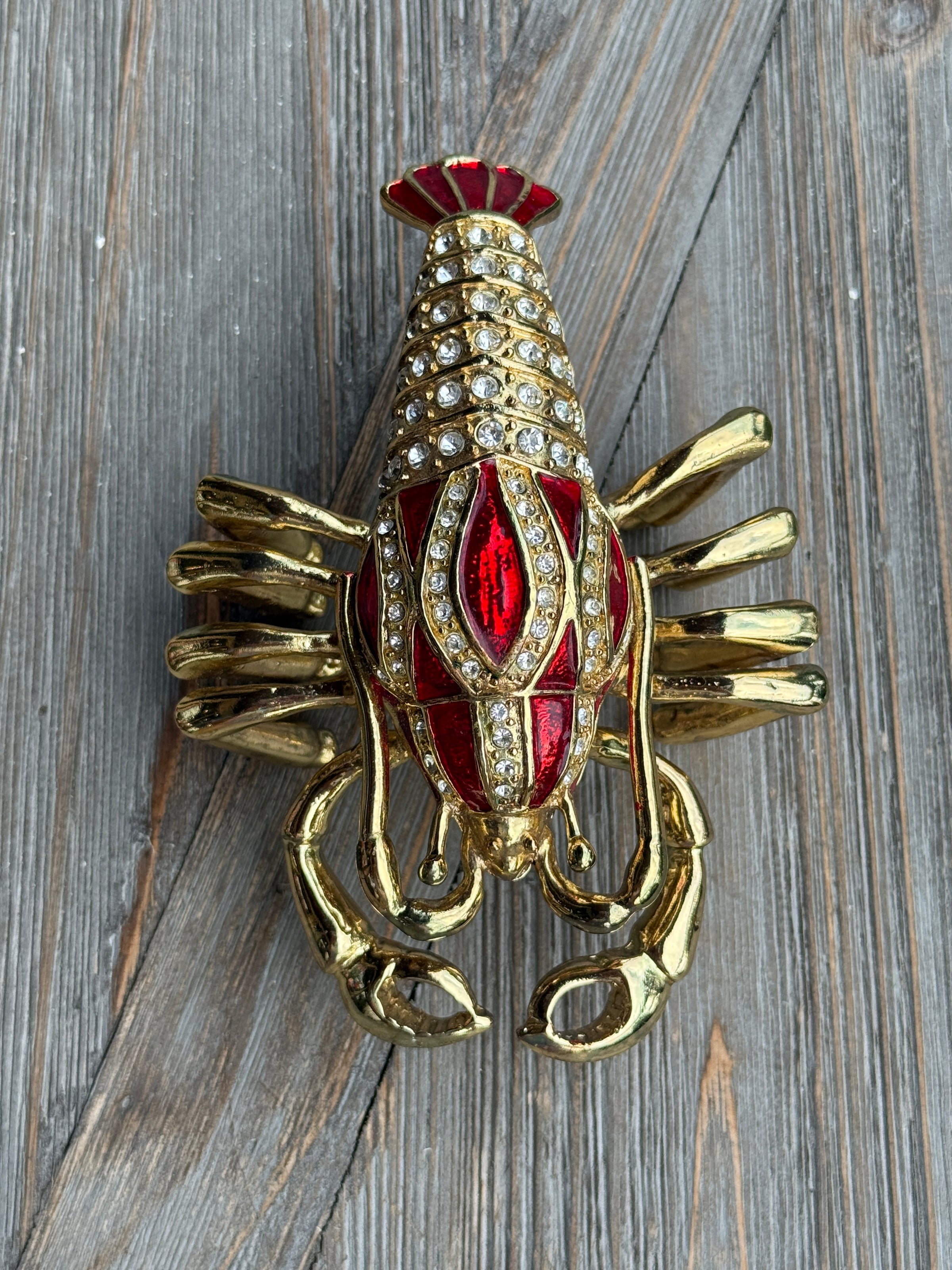 lobster trinket box, jeweled lobster box, coastal decor, vintage trinket box, rhinestone trinket box, lobster collectible, Palm Beach decor, coastal home decor, decorative box, red enamel lobster, collectible trinket box, whimsical home decor, bookshelf styling, coffee table decor, hostess gift, beach house decor, vintage collectible, decorative keepsake box, nautical decor, one of a kind vintage