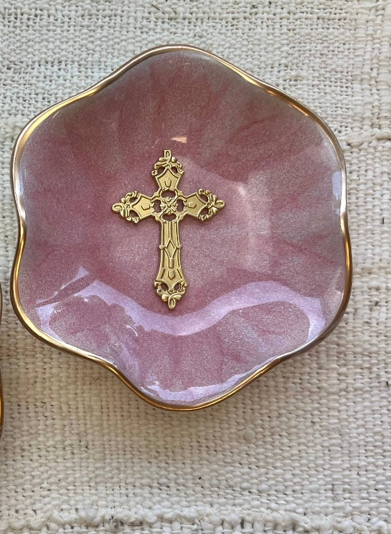 lotus flower cross jewelry dish pink