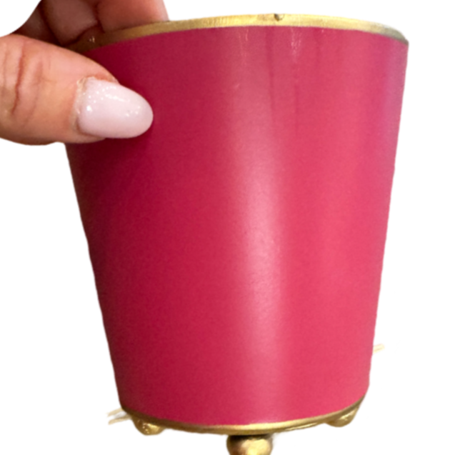 magenta cachepot planter, 4 inch metal planter, round decorative plant pot, small pink planter, colorful cachepot container, desk organizer cachepot, bright floral cachepot, vibrant home decor accent, mini metal cachepot, stylish kitchen utensil holder