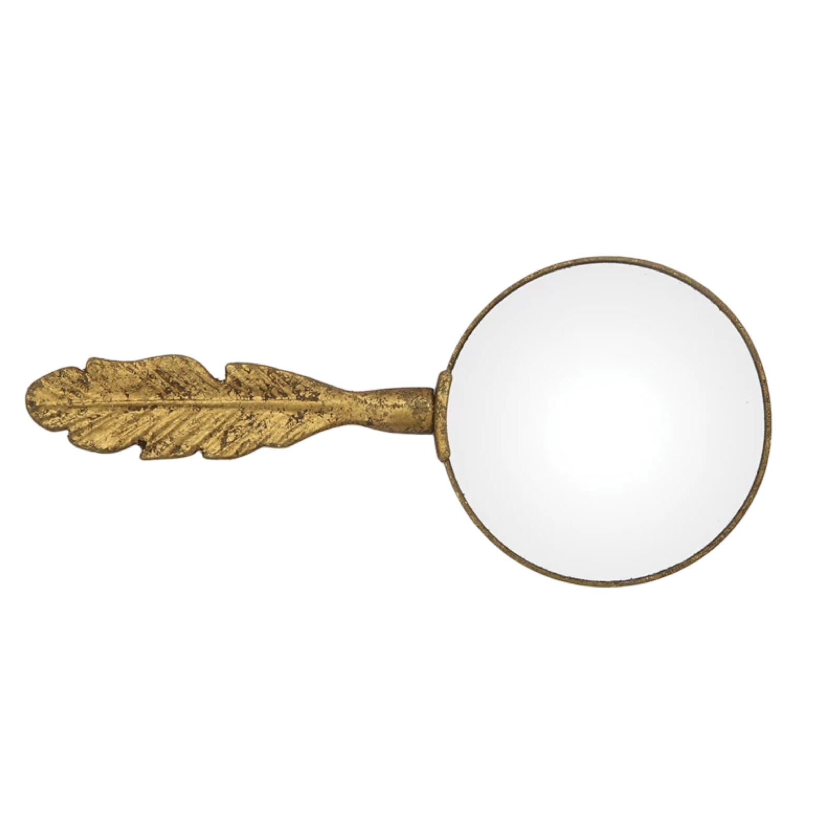 Handheld mirror with gold leaf handle on a white background