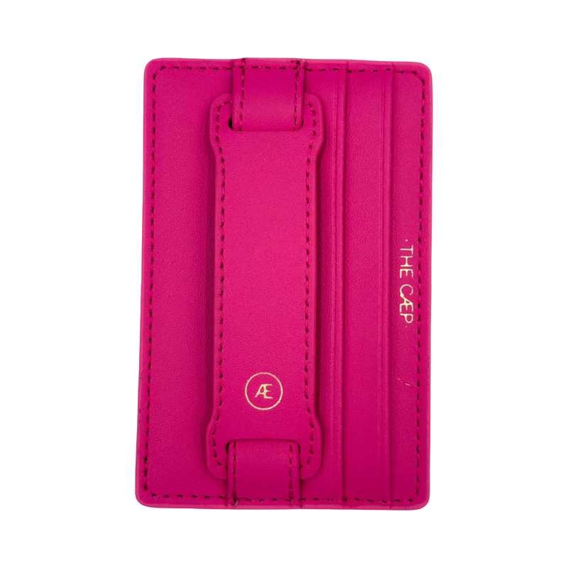 Pink cardholder with brand logo on a white background
