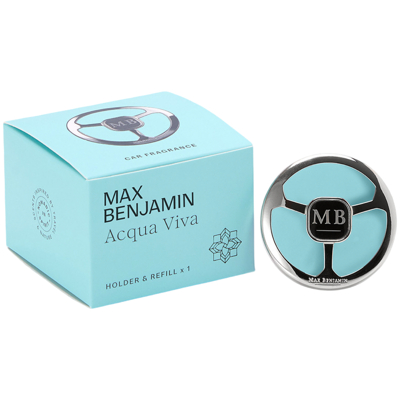 Max Benjamin Acqua Viva car fragrance holder and refill on a white background