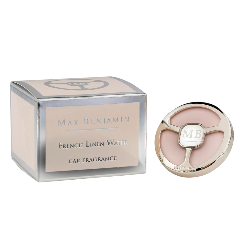 Max Benjamin French Linen Water car fragrance with packaging on a white background