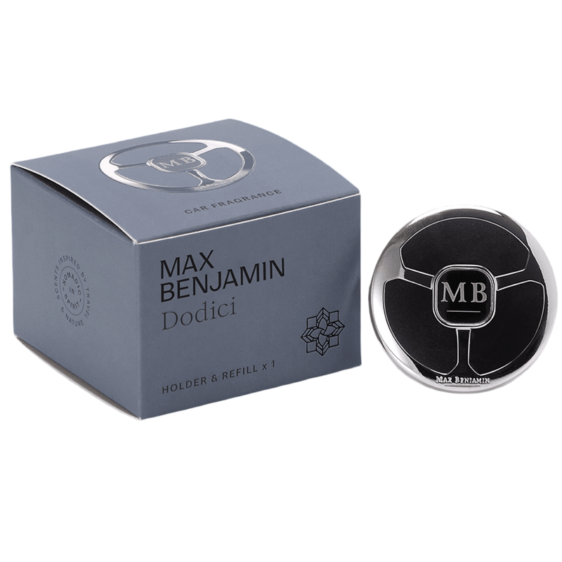 Max BenjaminDodici car fragrance holder and packaging on a white background