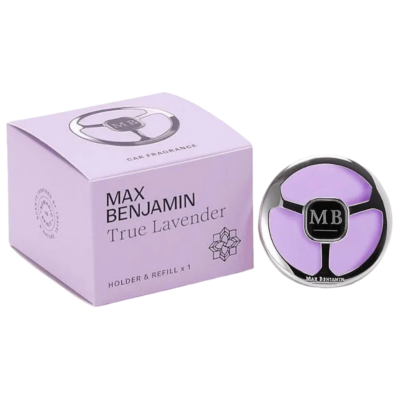Max Benjamin True Lavender car fragrance set with packaging and refill on a white background