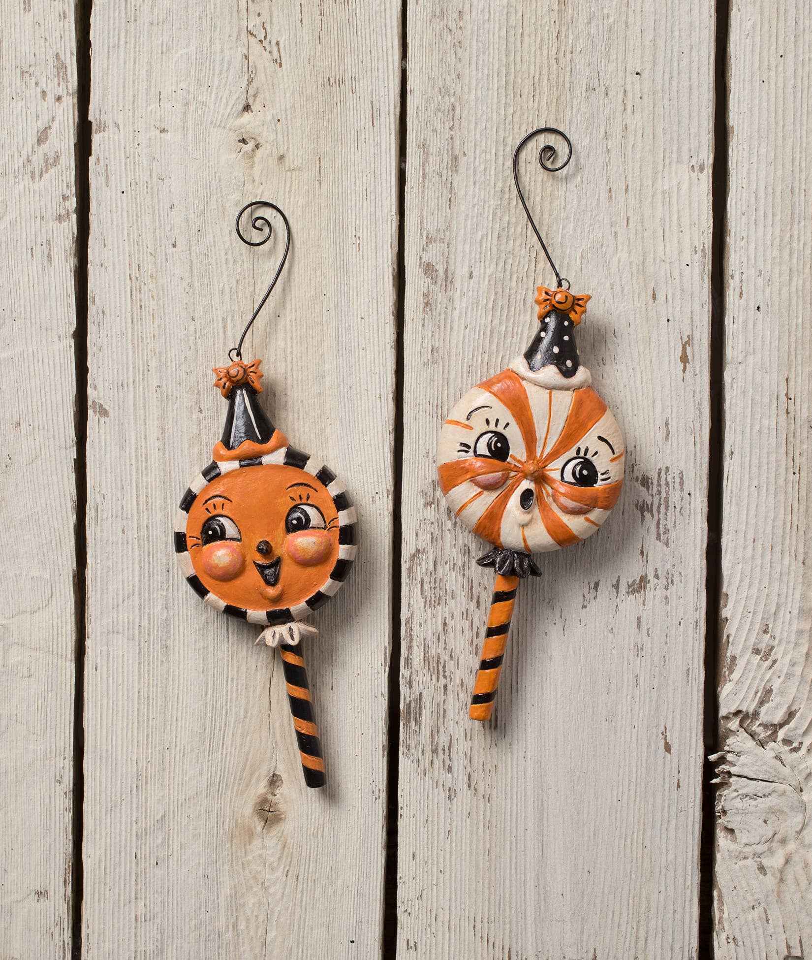 Bethany Lowe Spooky Sweet Treat Halloween ornaments set of two orange black and cream candy decorations