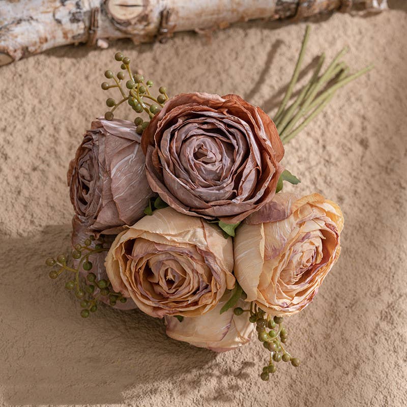 Brown and taupe silk rose faux bouquet with six blooms, greenery, and berry accents