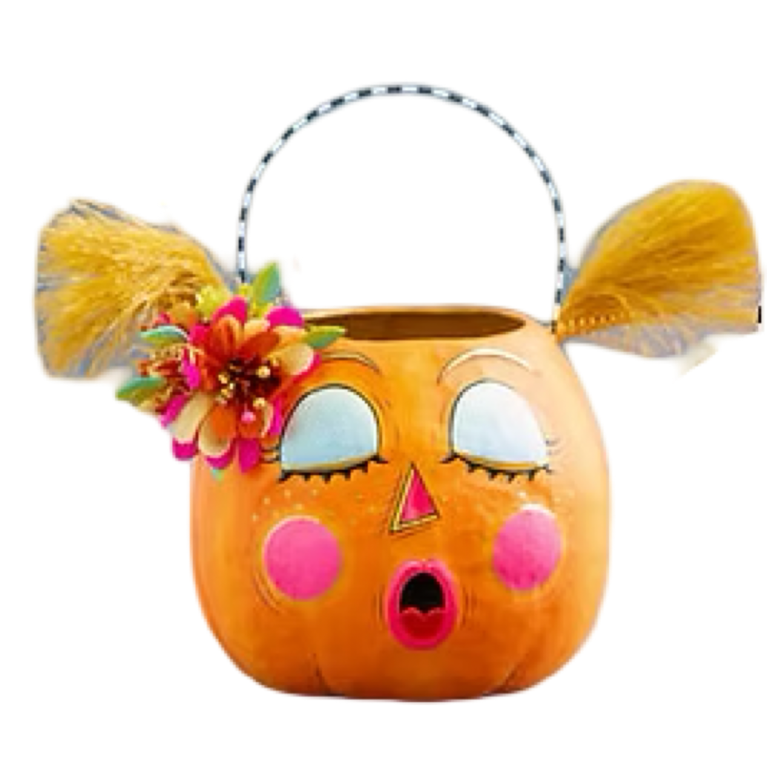 An orange pumpkin-shaped Halloween bucket basket with a handle, featuring cartoon eyes, pink cheeks, a surprised mouth, yellow feather-like hair accents, and a flower decoration on the side, isolated on a white background.