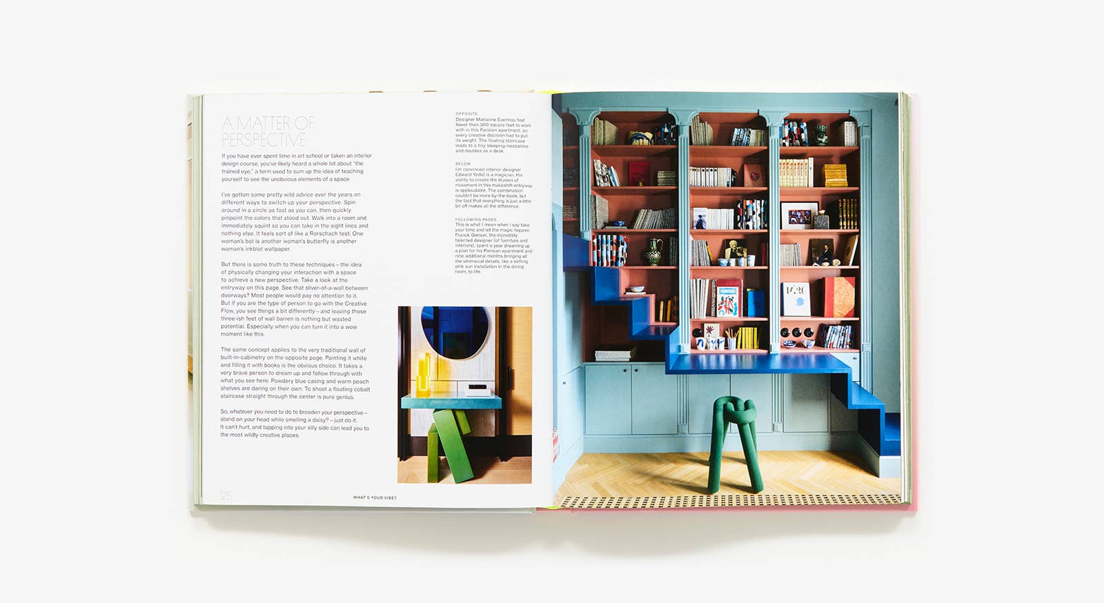 Open book showing a colorful interior design with shelves and furniture.