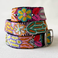 Jenny Krauss Folklorica black wool belt with colorful hand-embroidered floral design and metal buckle