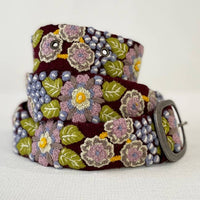 Jenny Krauss Morning Glory wool belt with colorful floral embroidery and metal buckle