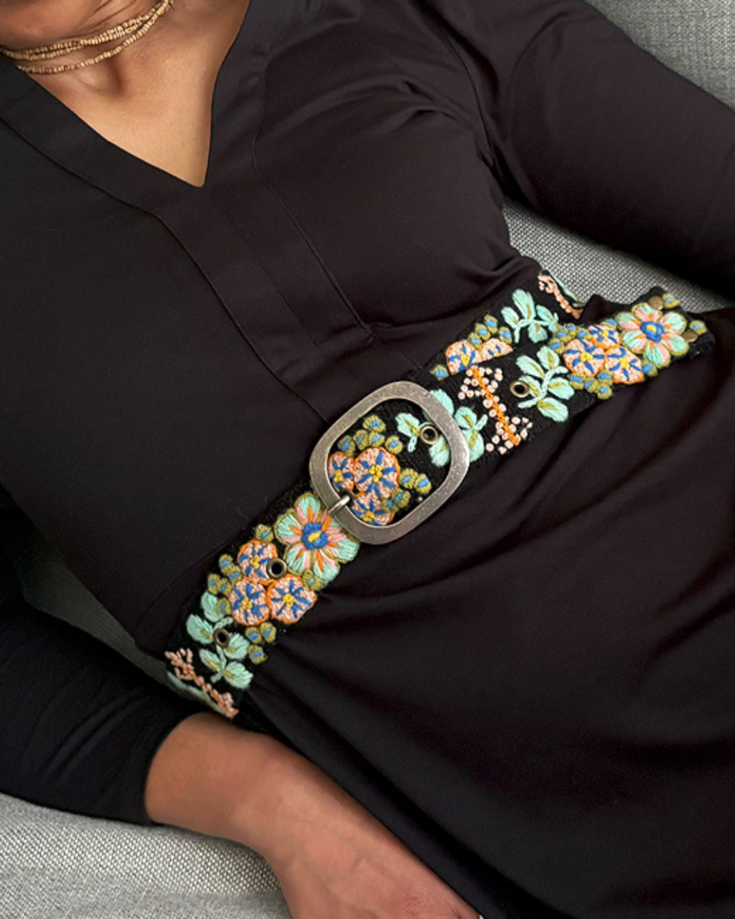 Jenny Krauss Southwest Walkabout black wool belt with vibrant multicolor embroidered motifs and metal buckle