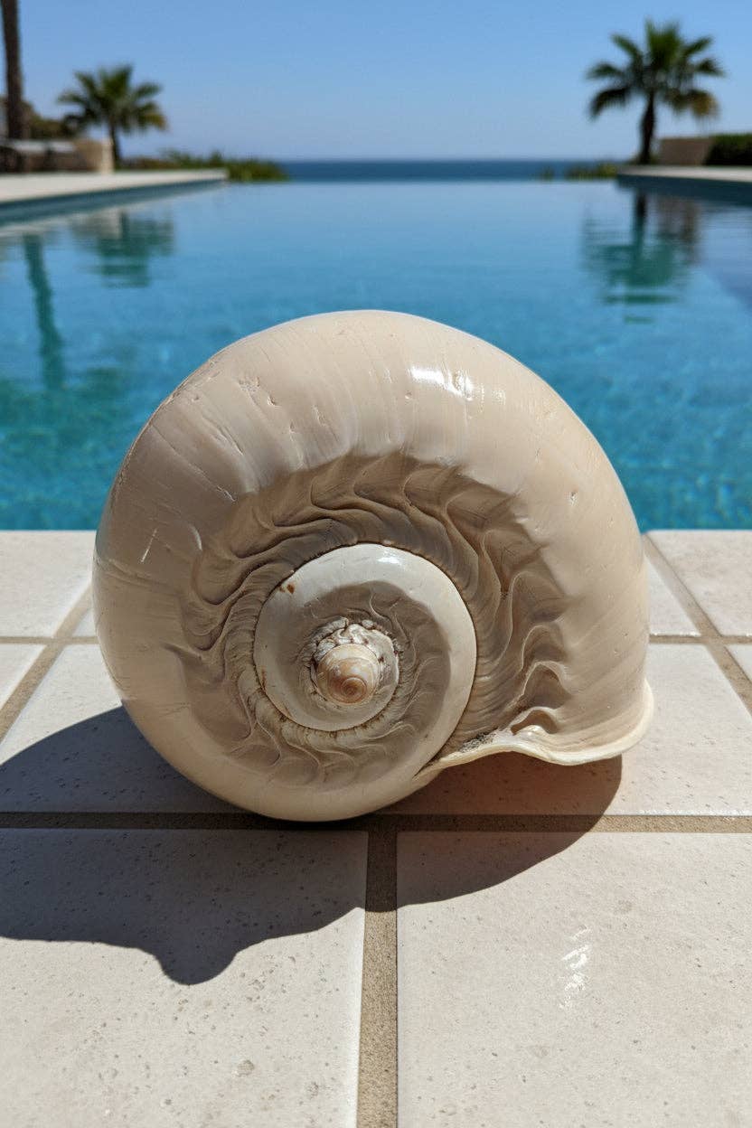 A large cream-colored spiral shell shell shell sits on a tiled poolside surface with a swimming pool, palm trees, and blue sky in the background.