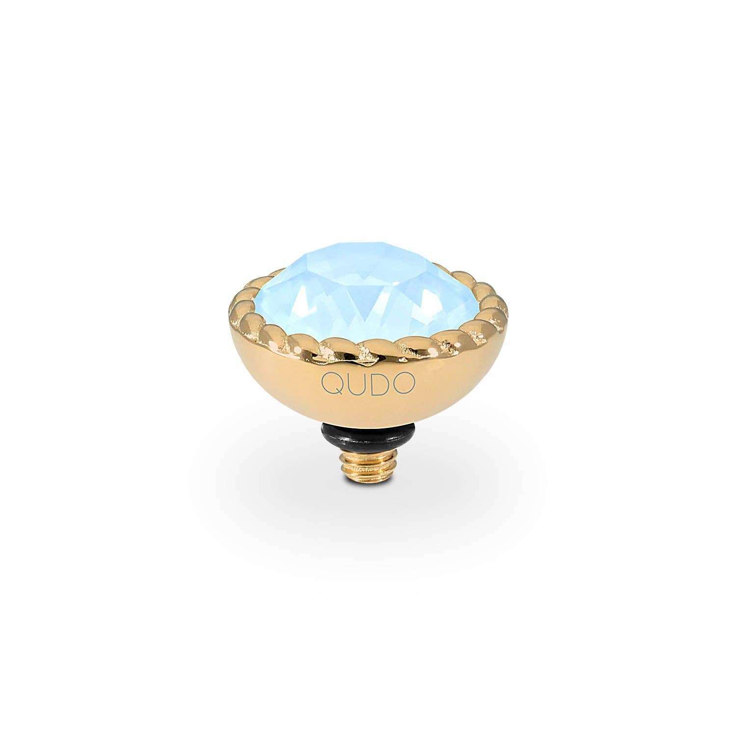 QUDO Bocconi gold interchangeable jewelry topper with faceted Sky Ignite crystal and crystal-accented edge