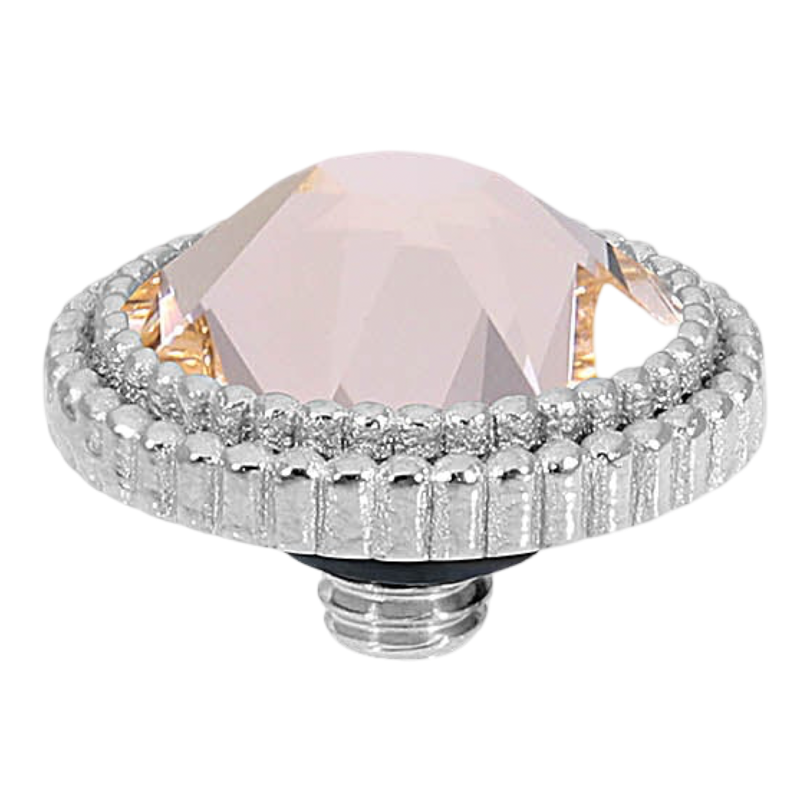 QUDO Fabero Flat interchangeable jewelry topper in polished silver-tone stainless steel featuring a brilliant faceted crystal in a 13 mm round setting, compatible with QUDO interchangeable rings, bracelets, necklaces, and earrings.