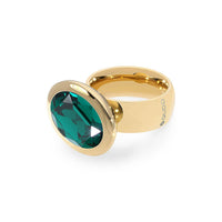 QUDO Tivola fixed ring featuring an oval emerald crystal set in polished gold stainless steel,