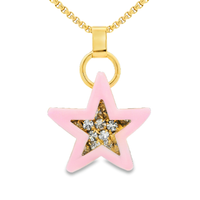 Pink star-shaped pendant with gold accents on a gold chain against a white background