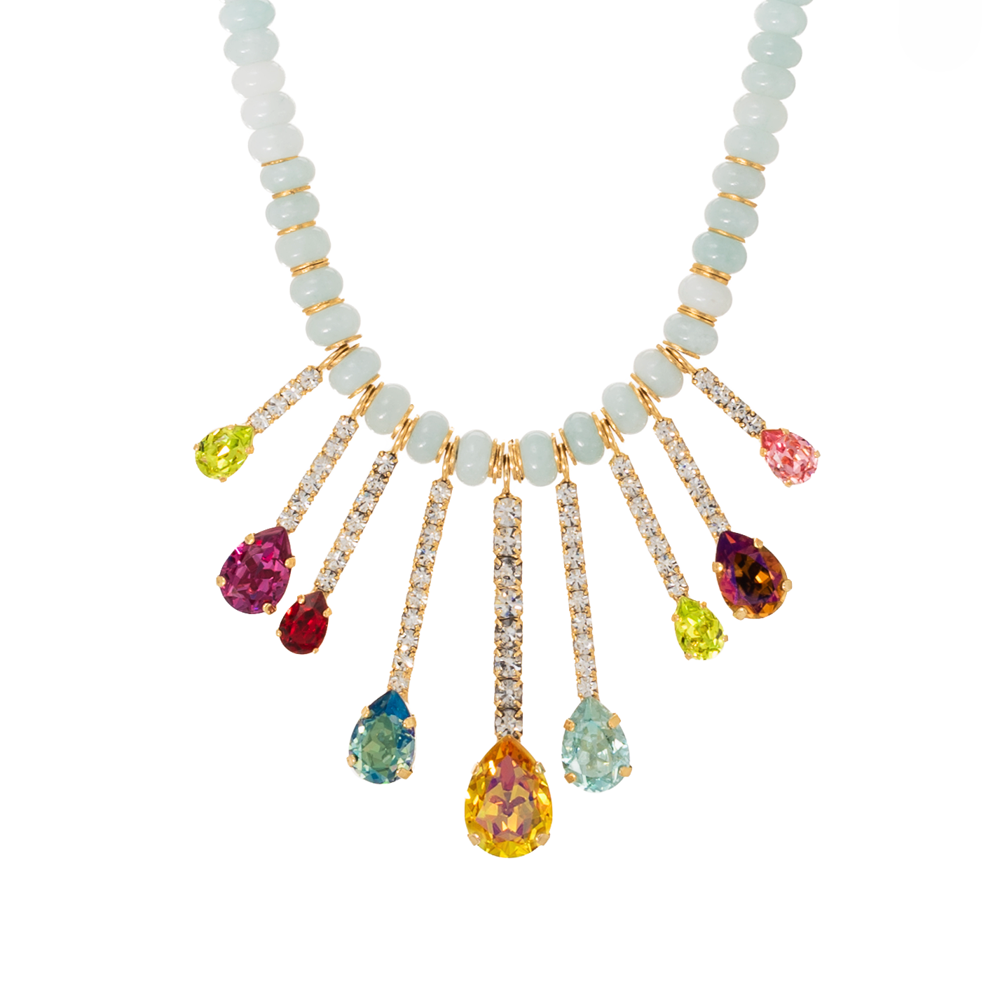 Necklace with multicolored gemstones and white beads on a white background