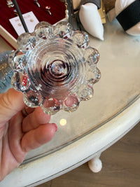 Vintage clear and aubergine purple Murano-style art glass bird sculpture with extended applied glass wings and bubble pedestal base.