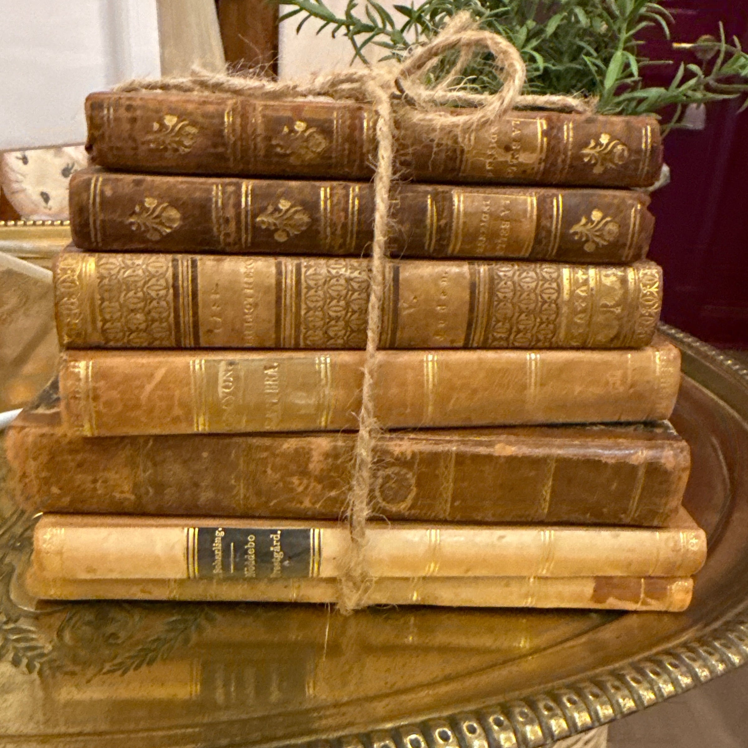 Stack of old books tied together with decorative elements