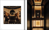 Two images of a modern bathroom with a round mirror and a lighted vanity.