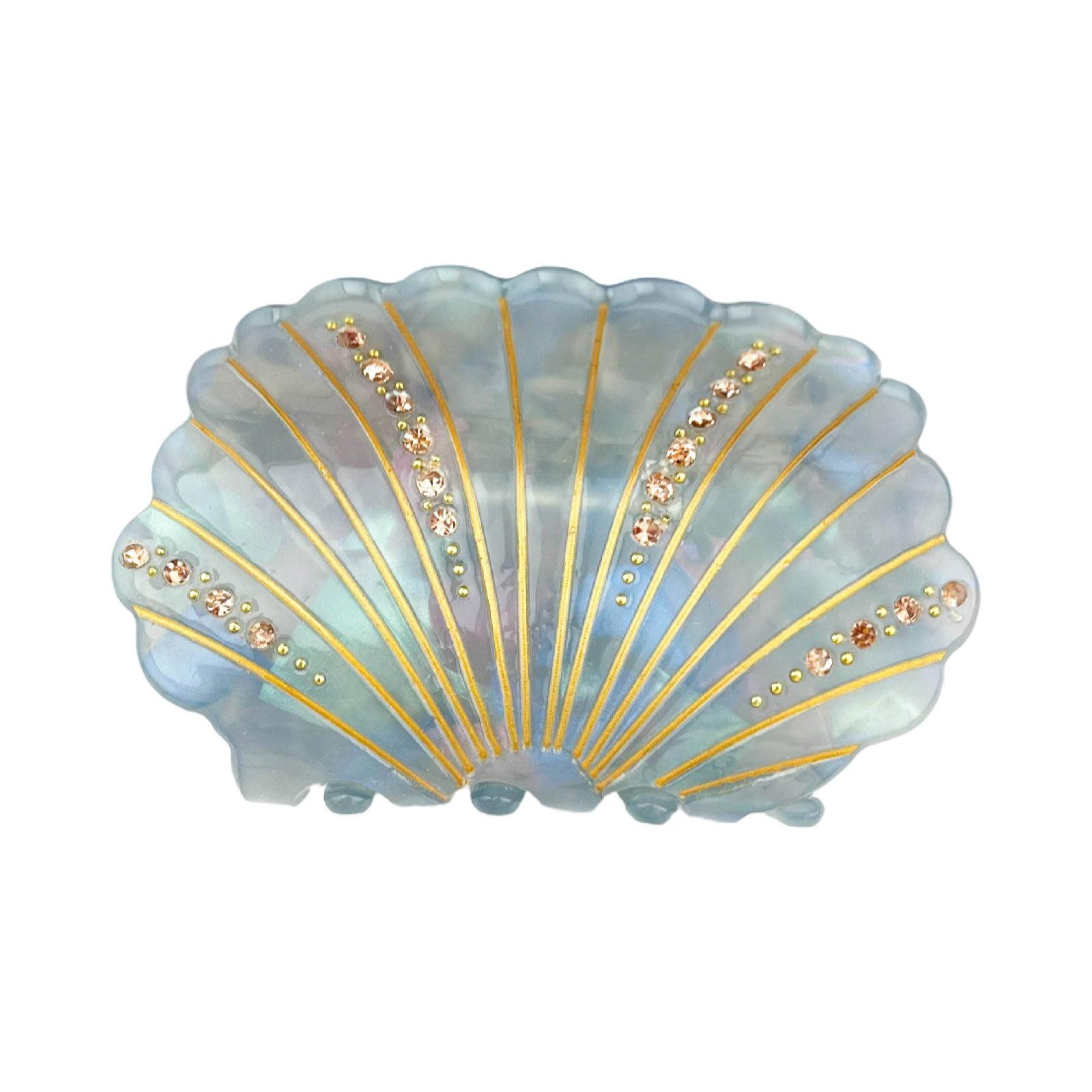 Blue-gray acetate shell-shaped claw clip decorated with sparkling rhinestones.