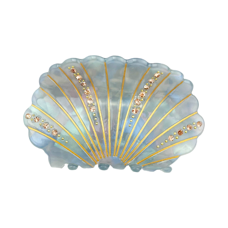 Blue-gray acetate shell-shaped claw clip decorated with sparkling rhinestones.