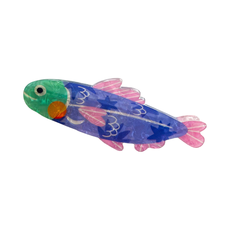 Blue acrylic sardine-shaped hair claw clip with a playful fish silhouette.