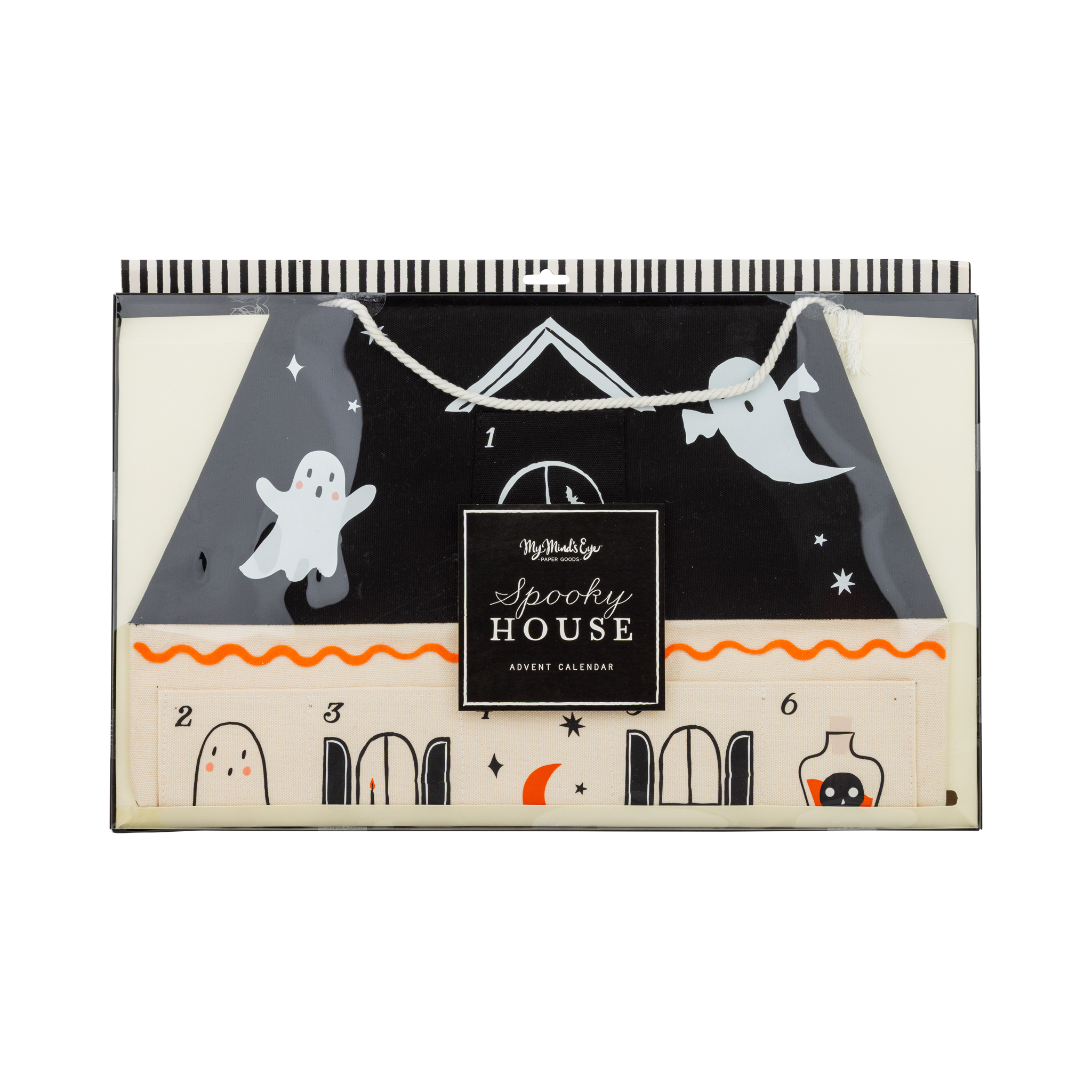 Halloween-themed advent calendar with ghost and house design on a white background