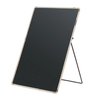 Black rectangular sign on a stand with a white background