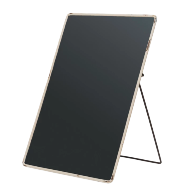 Black rectangular sign on a stand with a white background