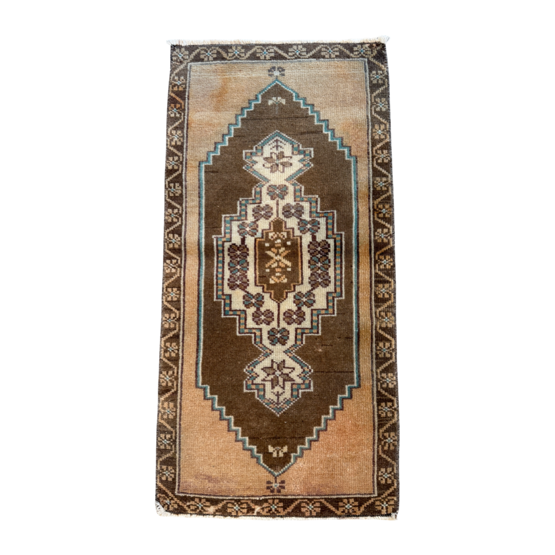 mini Turkish rug, vintage Turkish runner, brown geometric rug, small area rug, handwoven Turkish rug, antique-style rug, boho vintage rug, decorative accent rug, rug for kitchen or entryway, one-of-a-kind rug