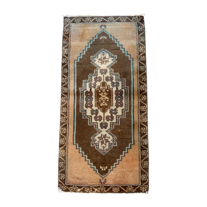 mini Turkish rug, vintage Turkish runner, brown geometric rug, small area rug, handwoven Turkish rug, antique-style rug, boho vintage rug, decorative accent rug, rug for kitchen or entryway, one-of-a-kind rug