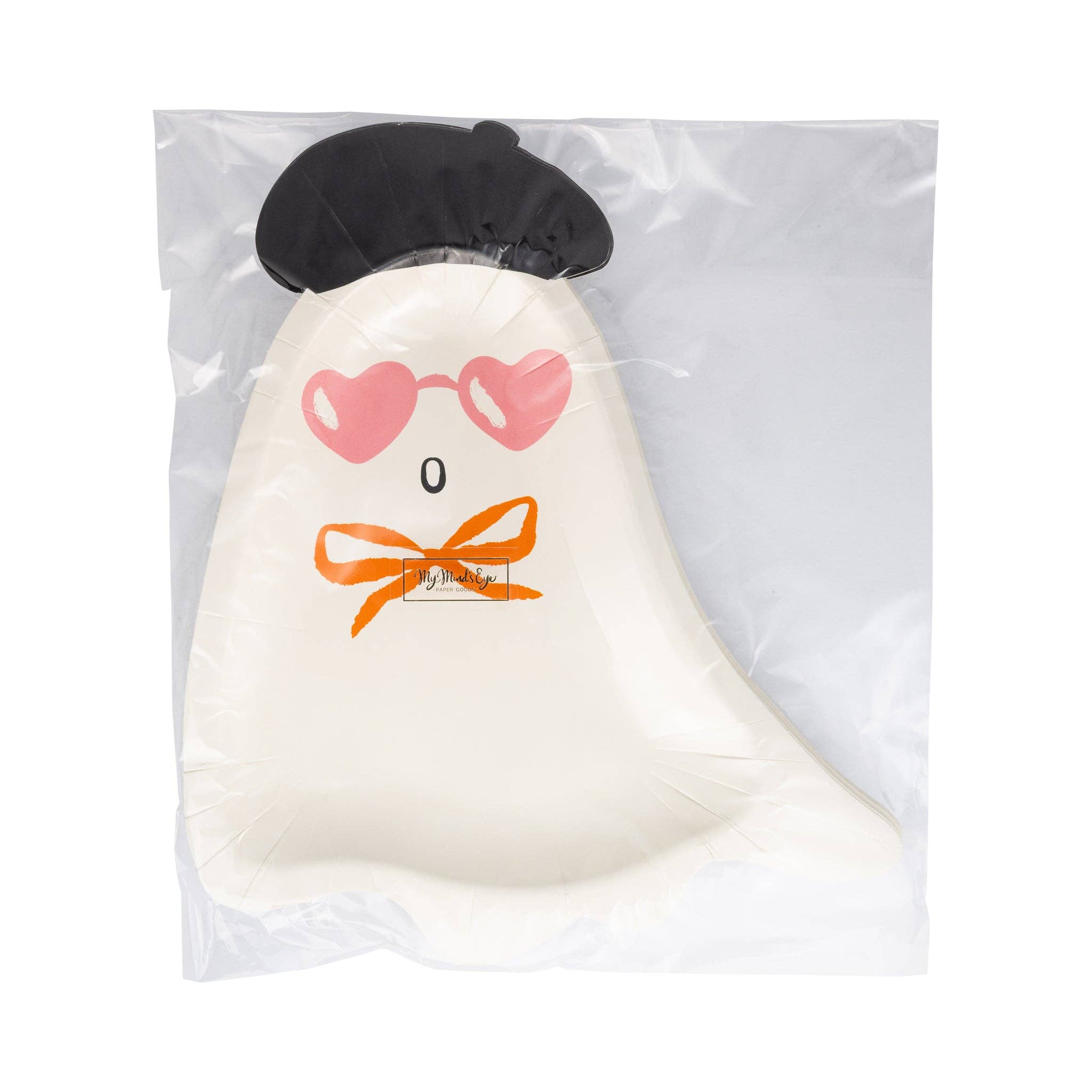 A ghost-shaped squishy toy in its clear plastic packaging, featuring a cream-colored body, a black beret, pink heart-shaped sunglasses, and an orange bow tie.