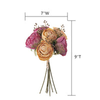 Brown and taupe silk rose faux bouquet with six blooms, greenery, and berry accents