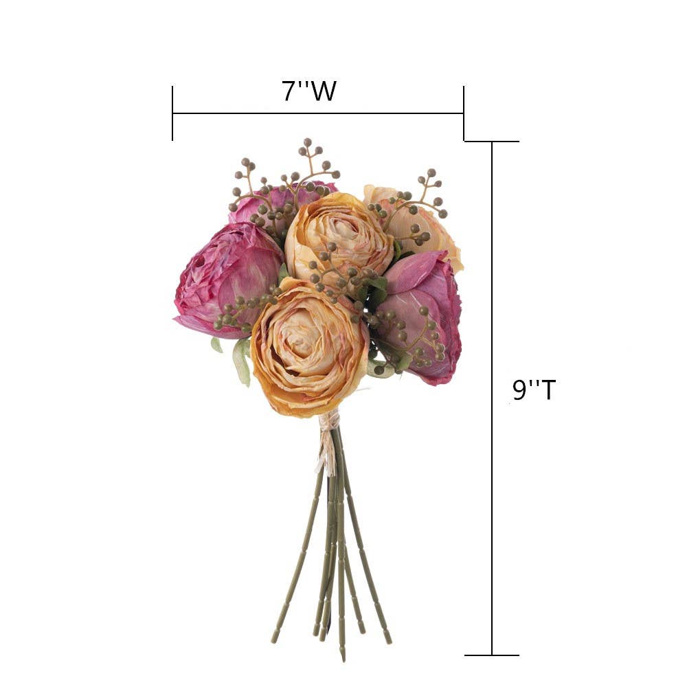 Brown and taupe silk rose faux bouquet with six blooms, greenery, and berry accents