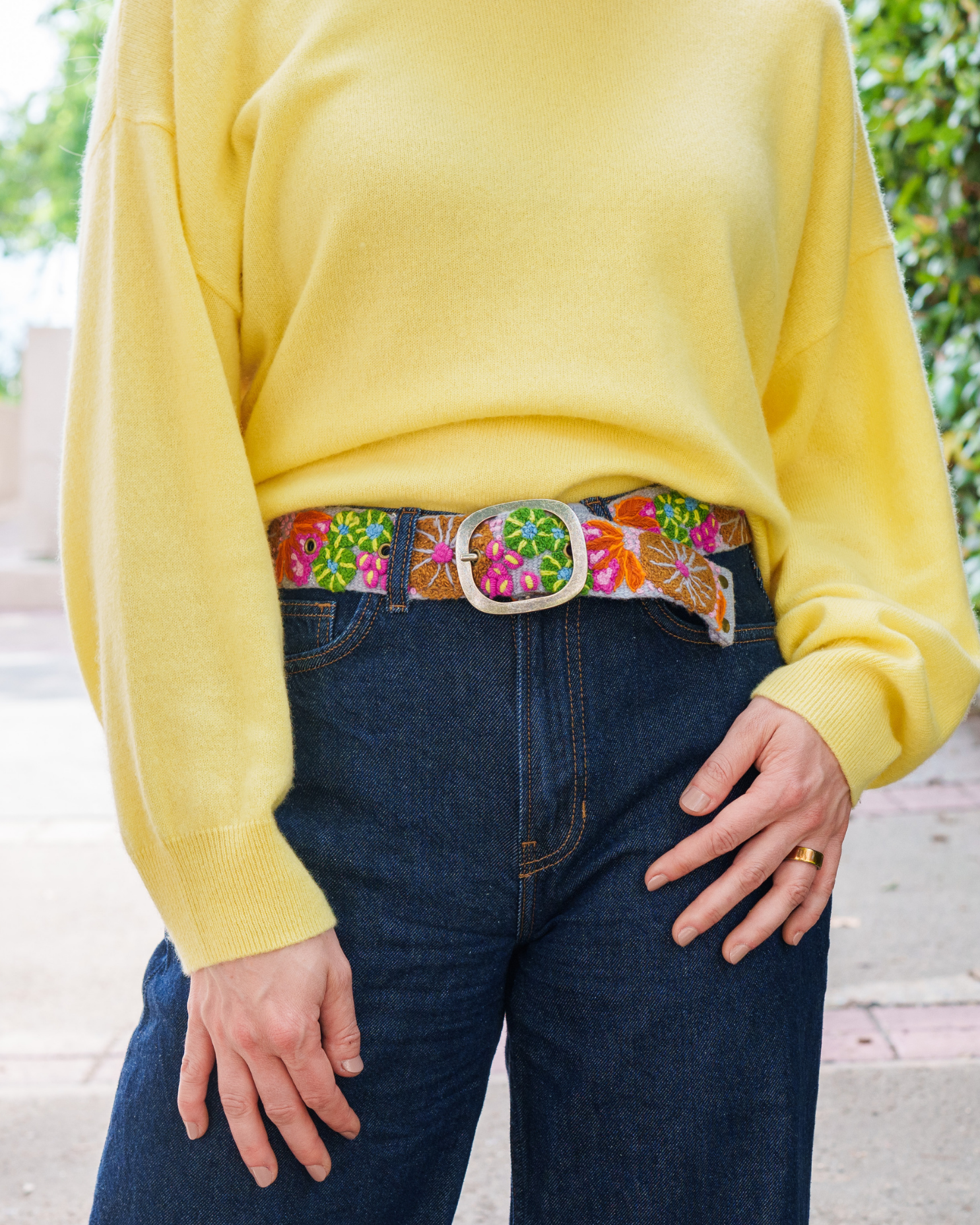 Jenny Krauss Evening Shade wool belt with colorful floral embroidery and metal buckle