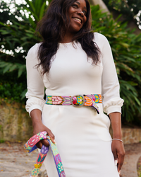 Jenny Krauss Folklorica black wool belt with colorful hand-embroidered floral design and metal buckle