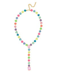 Sorrelli Candy Carnival crystal lariat Y-necklace with yellow, mint, blue, and pink stones in a bright gold-tone finish