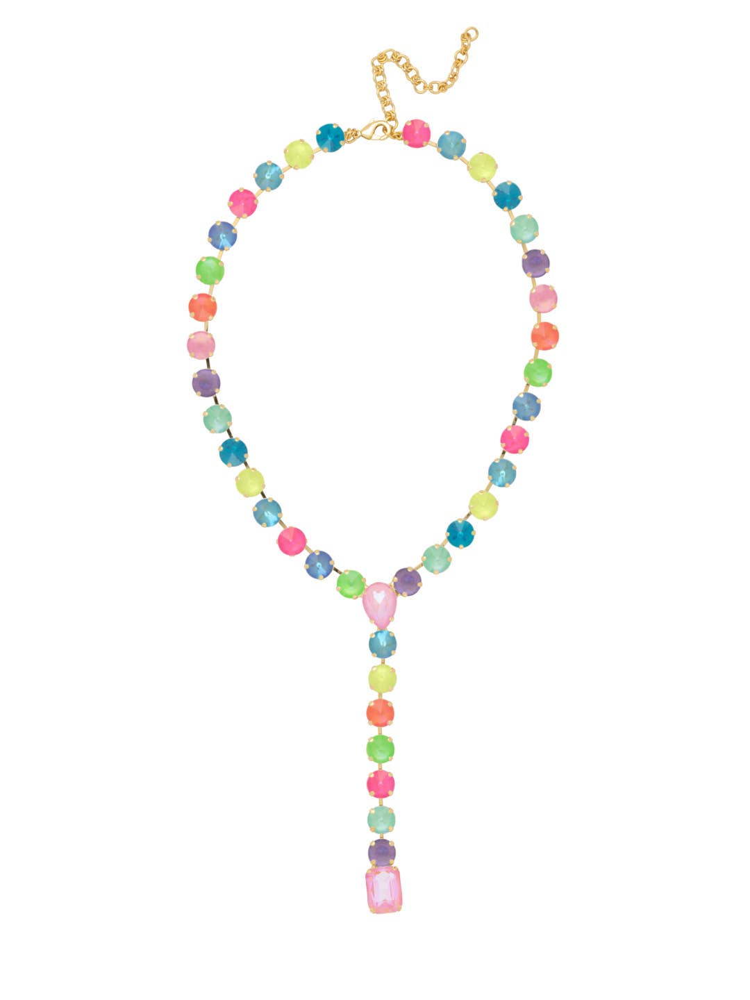 Sorrelli Candy Carnival crystal lariat Y-necklace with yellow, mint, blue, and pink stones in a bright gold-tone finish