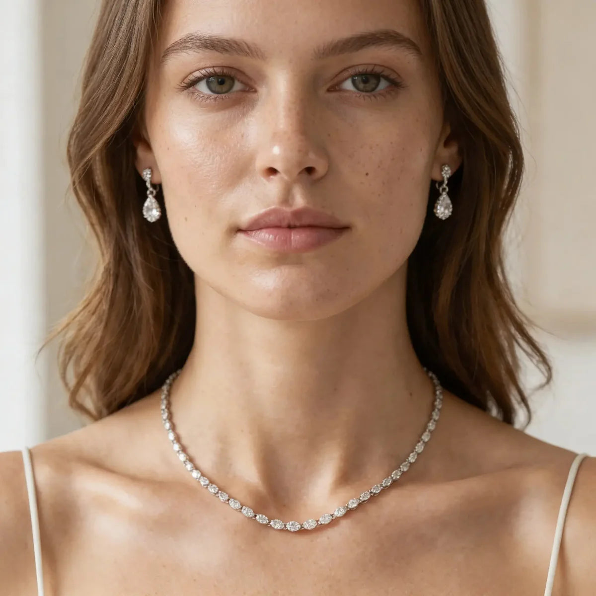 Anna Zuckerman Stella Tennis Choker necklace with elongated White Diamond Crystalline stones in platinum-finished sterling silver.