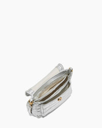 Silver handbag with gold accents on a white background