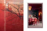 Two contrasting images: a tree against a red wall and a dining room with red accents.