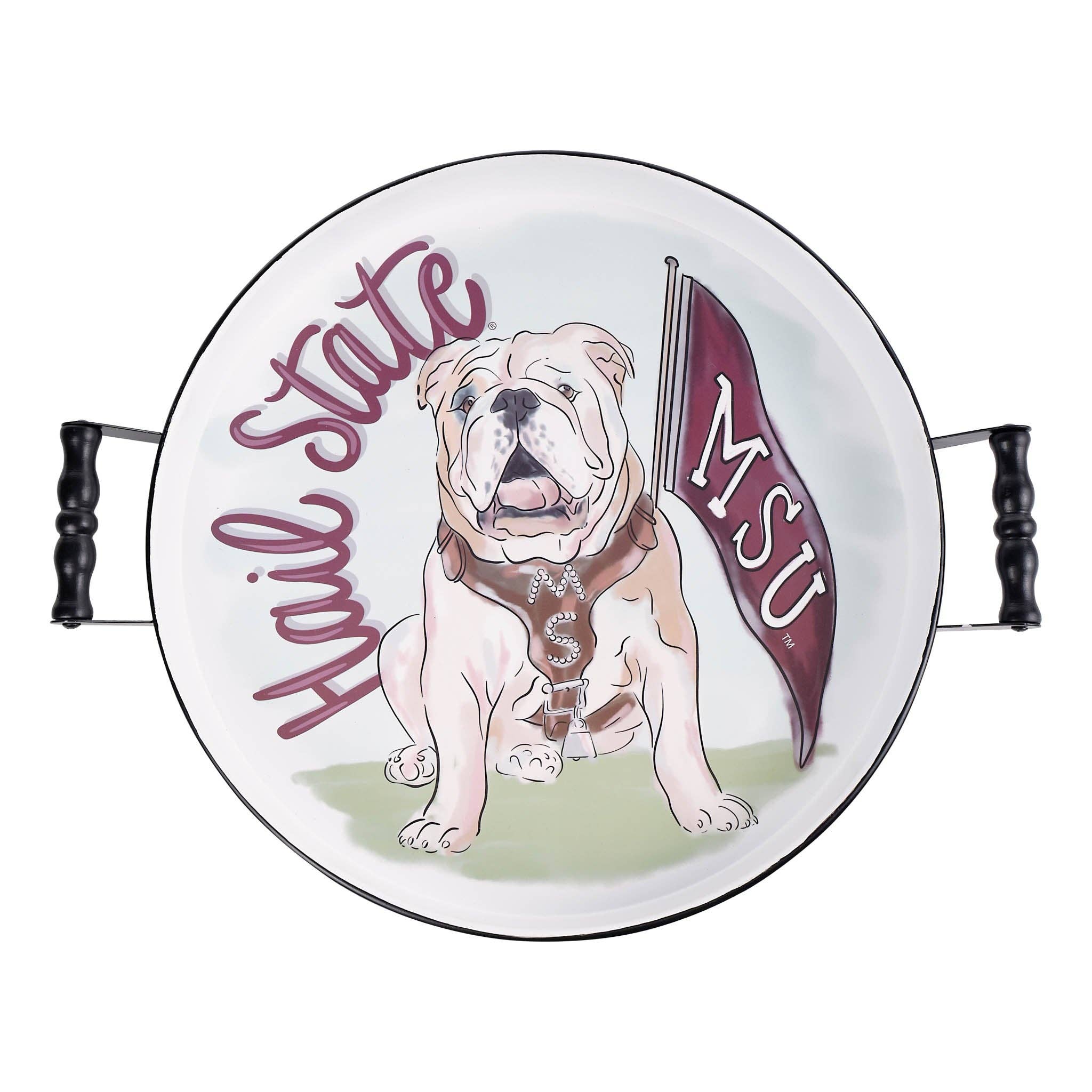 Round tray with a bulldog illustration and 'Hail State MSU' text on a white background